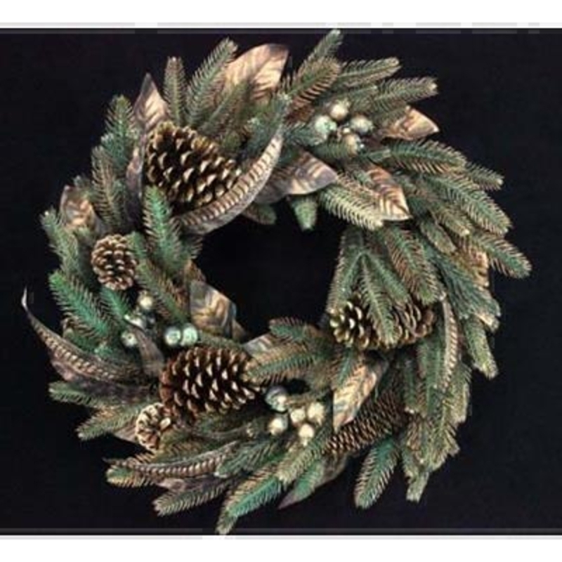 Bring Winter to your door with this beautiful copper dusted wreath. Made from realistic artificial fir tree feathers and pinecones this wreath is suitable to hang all winter. Not just for Christmas. Approx size (LxWxD) 58x58x15cm.